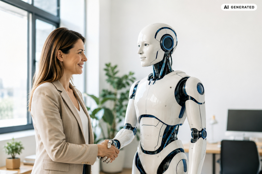 KI-generierte Darstellung einer Mitarbeiterin, die einem humanoiden Roboter die Hand schüttelt